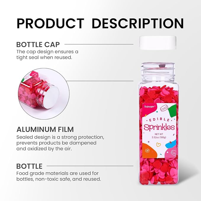 Red Pink Heart Confetti Sprinkles for Cake Decorating, 3.52oz Edible Valentine Sprinkles Bulk for Cupcake Toppers Baking Cookie Ice Cream Dount Chocolate