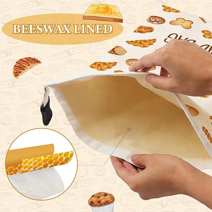 2 Pack Beeswax Bread Bags for Homemade Sourdough, 17x13 Inch Reusable Linen Beeswax Bread Bag with Buckle to Keeps Bread Freshness for Food Storage(Bread Theme)