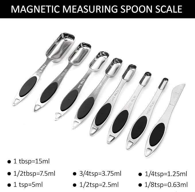 Magnetic Measuring Spoons Set Includes 7 Stainless Steel Magnetic Measuring Spoons,Nesting Measuring Spoon Teaspoon with Leveler for Dry or Liquid Ingredients (8, Black)