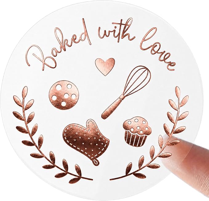 100 Baked with Love Stickers, Bakery Stickers, Baking Stickers & Cookie Stickers for Homemade Treats, Sourdough Bread, Pastry Packaging, Clear Rose Gold Foil Labels for Small Business, 1.6''