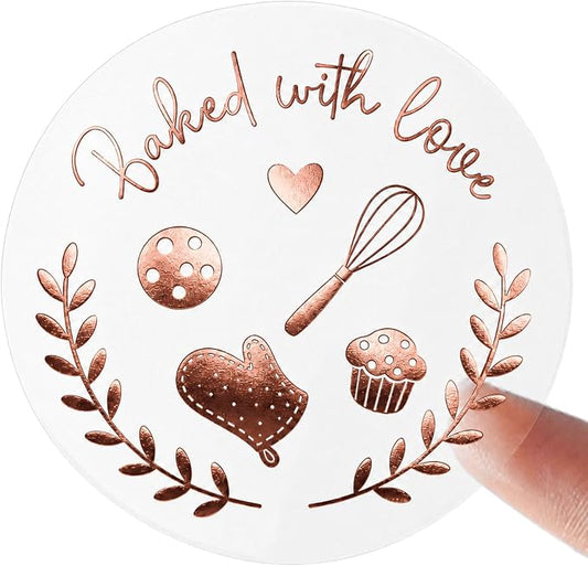 100 Baked with Love Stickers, Bakery Stickers, Baking Stickers & Cookie Stickers for Homemade Treats, Sourdough Bread, Pastry Packaging, Clear Rose Gold Foil Labels for Small Business, 1.6''