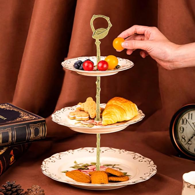 3 Tier Heavy Metal Cake Stand Holder for Party Buffets (Gold) | 2PCS Cake Stand Hardware Kit, Leaf Design Wedding Cake Stands, DIY Display & Home Decor