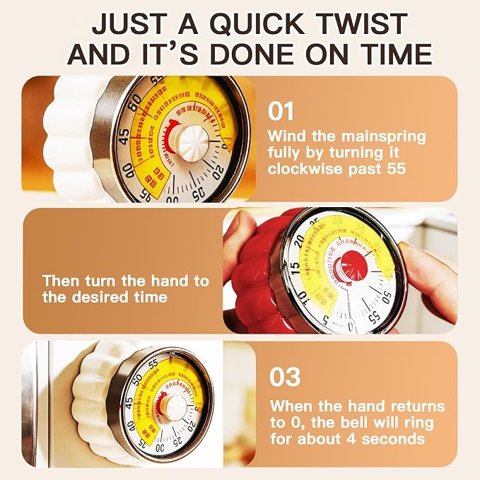 Mechanical Kitchen Timer with Strong Magnet, Loud Ring Wind Up Cooking Timer, No Battery Manual Countdown Timer for Baking, Cooking, BBQ, Study, Classroom, Seniors & Daily Reminders