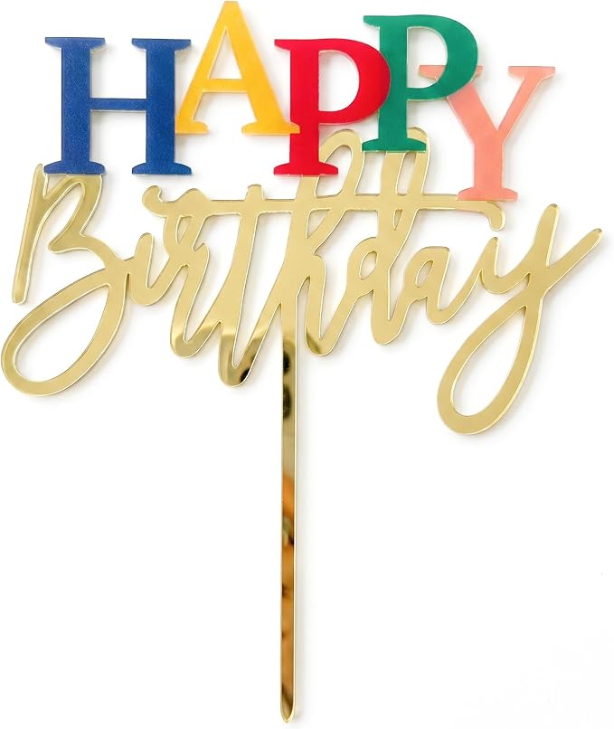 Acrylic Birthday Cake Topper, 7.5" x 6" Happy Birthday Sign for Cake (Gold & Rainbow)