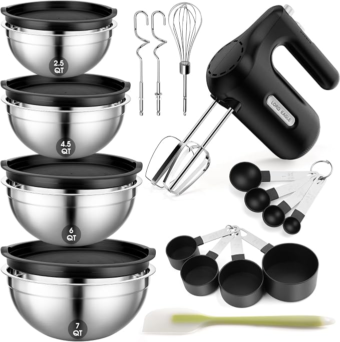 Lord Eagle 5-Speed Hand Mixer Electric With 4 Stainless Steel Mixing Bowls Set, 300W Lightweight Kitchen Handheld Mixer with Measuring Cups & Spoons, Baking Supplies for Cake, Black