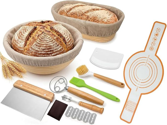 Bread Proofing Basket Set 9" Round and 10" Oval Banneton for Bread Baking, Natural Rattan Wicker Basket with Bread Lame, Danish Whisk, Scraper - Profeesional Baker's Kit