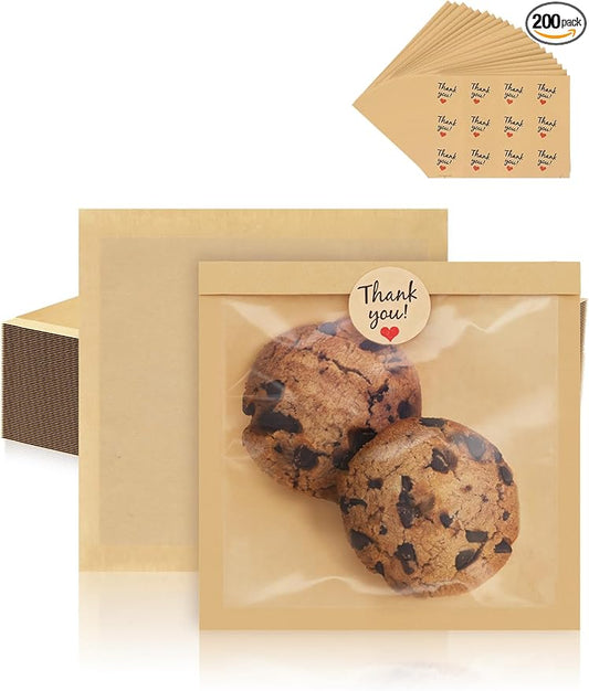FireKylin 200 Pack Cookie Bags with Heat Sealing, 7.1 x 7.5 Inch Bakery Bags with Window, Grease Resistant Cookie Packing for Treats, Baked Goods, Bagel, Cake Slice, Sandwich (7.1"x7.5"-200pcs)