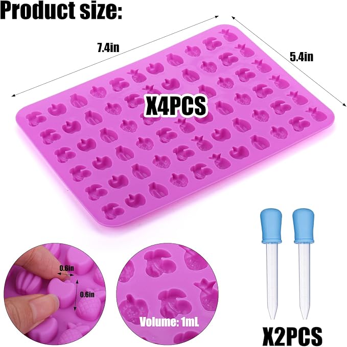 Palksky 4PCS Fruit Snack Molds Silicone, Gummy Molds Trays with Dropper for Candy Chocolate Gummies Baking(Cherries Grape Banana Apple Pineapple)