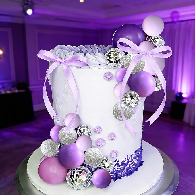 37Pcs Purple Disco Ball Cake Topper Purple Cool Girl Birthday Party Decorations Bows Butterfly Cake Decorations Singer Disco Bachelorette Party Supplies