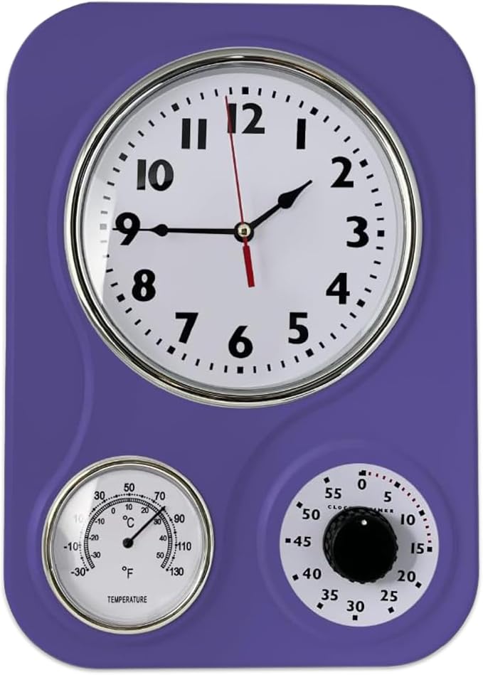 Lily's Home - 9 Inch x 12.5 Inch - Retro Kitchen Wall Clock, Vintage Wall Clock with a Thermometer and 60-Minute Timer, Ideal for Any Kitchen, Office, or Diner (Purple)