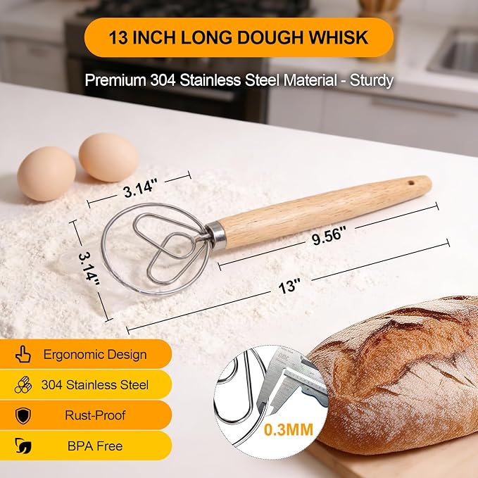 13 Inch Danish Dough Whisk, 304 Stainless Steel Dough Whisk with Long Smooth Wooden Handle - Dutch Whisk Sourdough Bread Tools for Pizza, Pastry & Cake Batter Mixing Easy & Quick