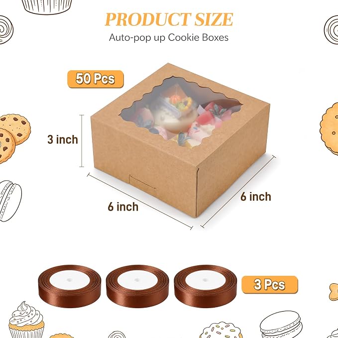 COTOPHER Auto Pop Up Cookie Box with Window 6x6x3 Inches – 50 Pack Brown Bakery Boxes with Ribbon for Birthday Party Favors, Wedding, Christmas Gift Packaging for Cookies, Candy, Macarons