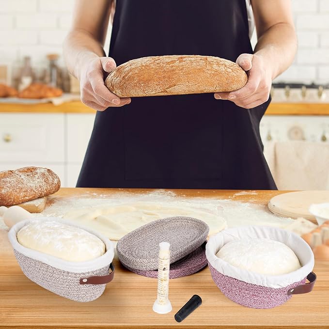 Stackable Cotton Banneton Proofing Basket Set, With Pro Sourdough Aliquot Jar for Rise Tracking – 2 x 10 inch Oval Bread Basket, Sourdough Baking Tools for Artisan Bread Makers