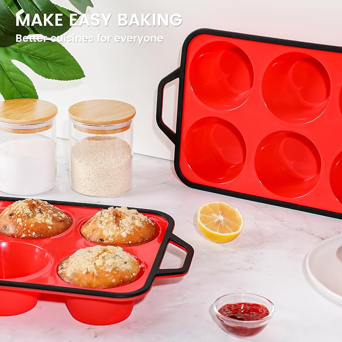 Vinino Jumbo Muffin Pan with Metal Reinforced Frame-2Pack, Silicone Cupcake Pan for Baking 6 Cup Jumbo Size, BPA Free Silicone Muffin Tray, Cupcake Baking Pan Molds for Oven Dishwasher Safe-Red