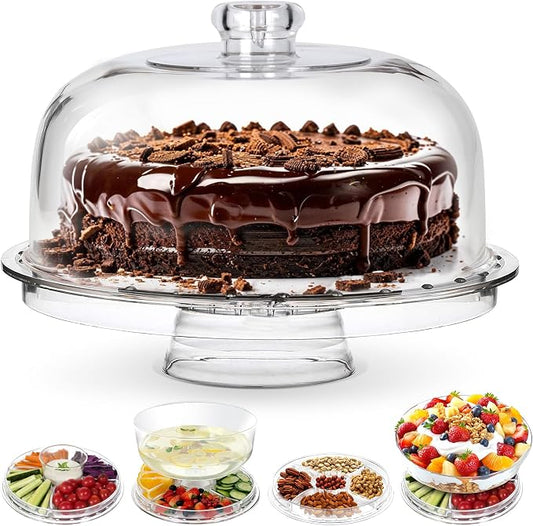 6-in-1 Multi-Functional Cake Stand with Dome Cover, BPA-Free Acrylic Serving Platter, Salad Bowl Divided Snack Tray, Shatterproof Dessert Display with Fork Spoon for Birthday Wedding Christmas Party