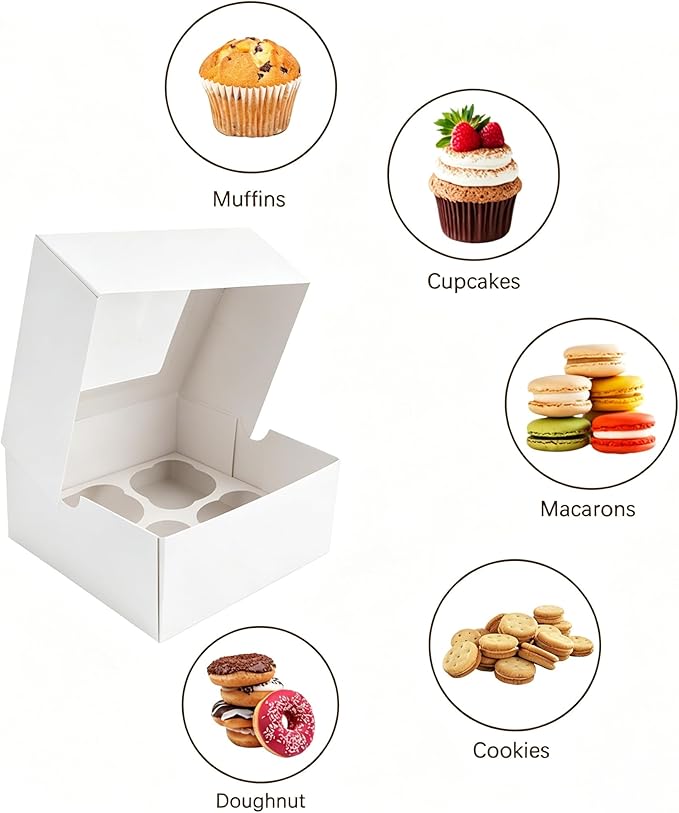 Jotique Cupcake Boxes with Window, 30 Sets 6x6x3 Inch White Paper Bakery Boxes for Cookies and Muffins, Sturdy Disposable Treat Boxes for Pastry, Baked Goods, Gift Giving
