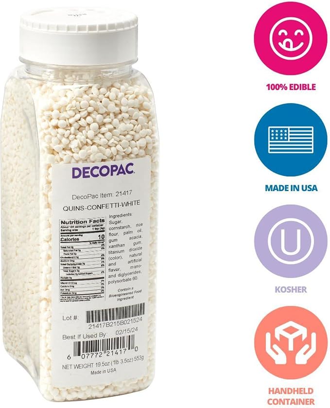 DECOPAC Quins Fancy Sprinkles, 19.5oz, Candy Sprinkles in Handheld Container, Edible Sprinkles For Celebration Cakes, Cupcakes, Cookies - Confetti White Quins