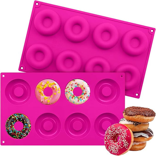 2er Pack Silicone Donut Mold - Non-Stick Silicone Doughnut Pan DIY Chocolate Baking Cookie Molds, Heat Resistant, Make Donut Cake Biscuit Bagels, BPA Free Dishwasher Safe (rose red, 8 Cavities)