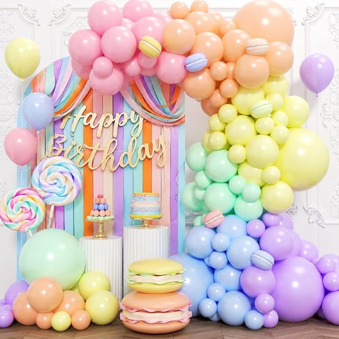 132 Pcs Pastel Birthday Party Balloons Decor with 197ft Crepe Paper Streamers Kits Rainbow Macaron Assorted Color Balloon Arch for Baby Shower Gender Reveal Ice Cream Party Wedding Unicorn