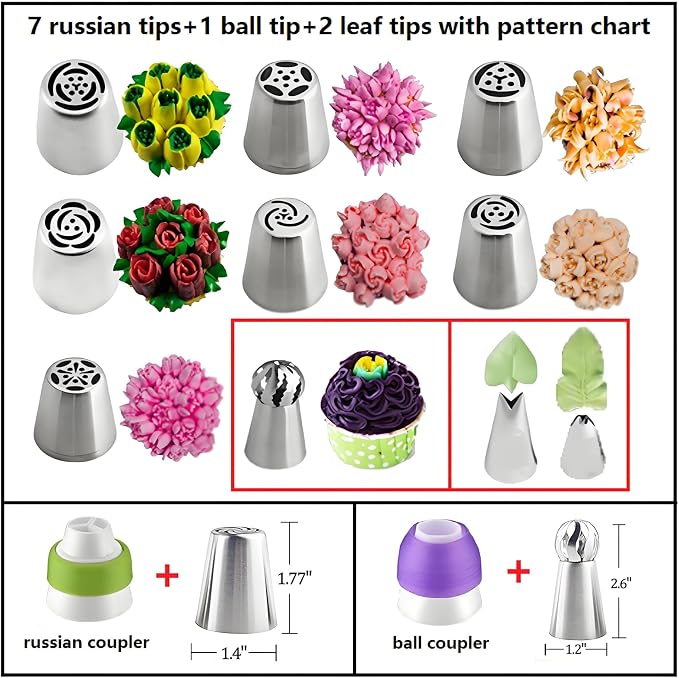 Piping Bags and Tips Set, 130 Pcs Baking Supplies | 48 Numbered Icing Tips, 7 Russian Tips, 1 Ball Tip, 2 Leaf Tips, 50 Pastry Bags & More for Cake Cupcake Decorating