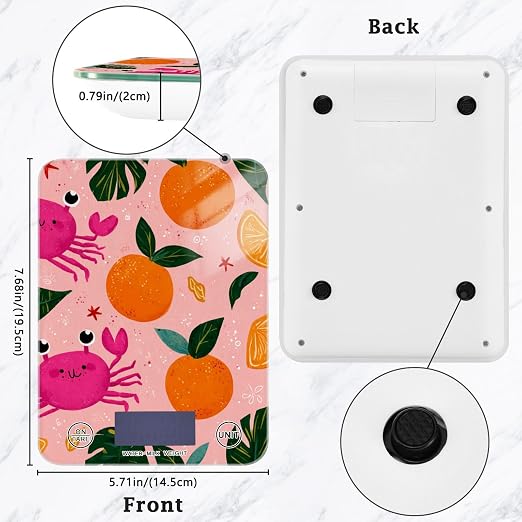 Food Scale Kitchen Digital Scale Food Ounces and Grams Dieting Baking Cooking Waterproof Glass Panels LCD Display,4 Units Scale Tare Function Pink Fruit Orange Crabs