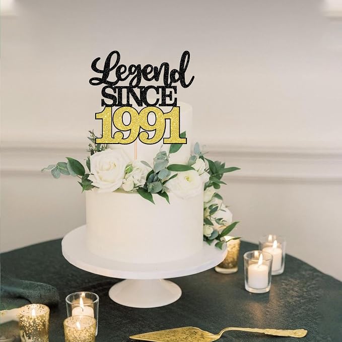 1 PCS Legend Since 1991 Cake Topper Black Gold Glitter Thirty Five Happy 35th Birthday Cake Pick Hello 35 Cheers to 35 Years Cake Decoration for 35th Birthday Anniversary Party Decorations Supplies