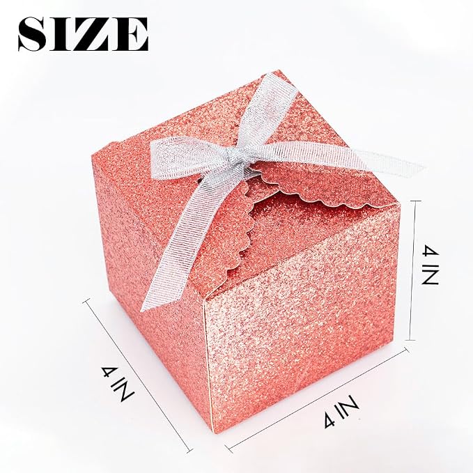 WEWILUCK Red Glitter Gift Boxes 4x4x4 Inch, Small Cube Favor Boxes with Silver Ribbon, Sparkly Paper Gift Box for Wedding, Party Favors, Christmas, Candy & Treat Packaging