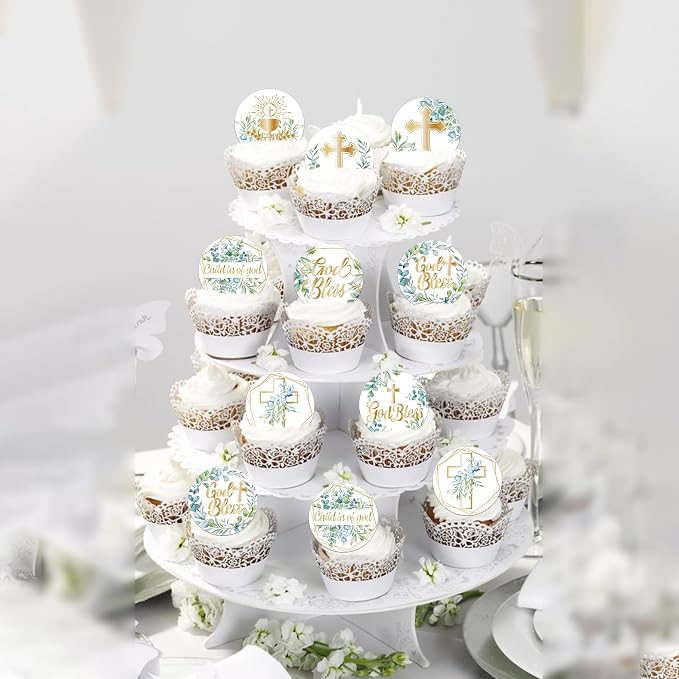 64 PCS Edible God Bless Cupcake Toppers Edible First Communion Cupcake Picks Greenery Leaves Cross Baptism Cake Decorations for God Bless Theme Baby Shower Birthday Party Cake Decorations Supplies