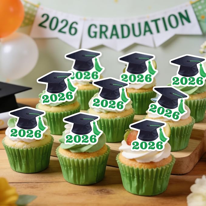 42pcs Edible Graduation Cap Cupcake Toppers Wafer Paper Green Class of 2026 Cake Decorations Edible Grad Cap Cupcake Picks for 2026 Graduation Theme Party Cake Decor Supplies