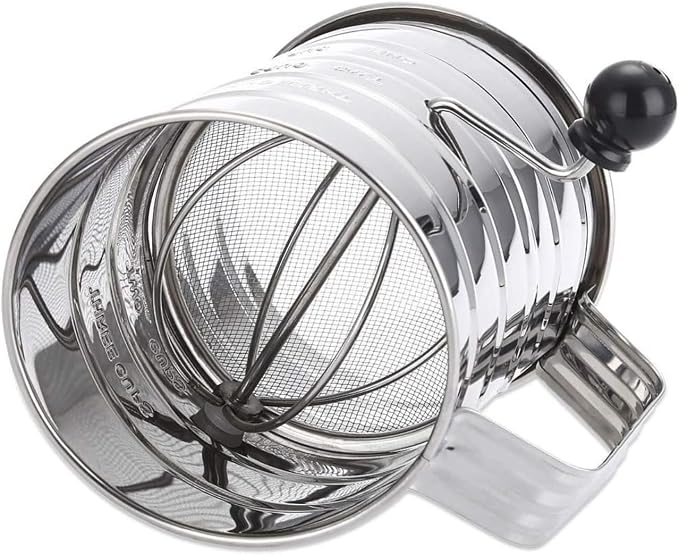 Flour Sifter For Baking, Fine Mesh Hand Crank Flour Sifter With 4 Wire Agitator Loop for Baking Stainless Steel Sifter for Powdered Sugar for Baking, Large Flour Sifter Tools 3 Cup Sets