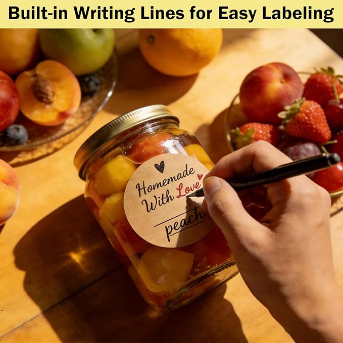 600 Pcs Homemade with Love Stickers, 2" Round Canning Labels for Mason Jars, Jam, Jelly, Pickles – with Lines for Writing