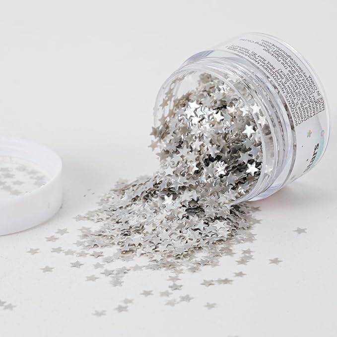 Sliver Edible Star Shaped Glitter Sparkles for Cakes - Edible Stars Cake Decorations in Metallic Sliver for Cake Decorating, Toppings, Baking - Vegan Shimmer Stars Dessert Glitters for 4th of July Cupcakes Topper