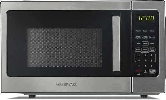 Farberware 0.9 Cu. Ft. Countertop Microwave Oven – 900 Watts Power, Auto Cook Settings, Defrost, Easy Clean and Child Safety Lock - Stainless Steel