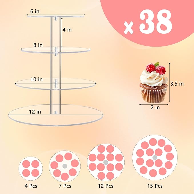 YestBuy 4 Tier Round Acrylic Cupcake Stand with Base, Premium Cupcake Holder, Acrylic Cupcake Tower Display Cady Bar Party Décor – Display for Pastry (4" Between 2 Layers)