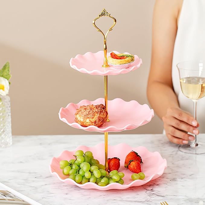2 PCS 3 Tier Cupcake Stand Holder, Plastic Cupcake Holder Towel with Multiple Layers of Trays, Used for Cupcakes, Donuts, Fruits, Etc., White (White+Pink)