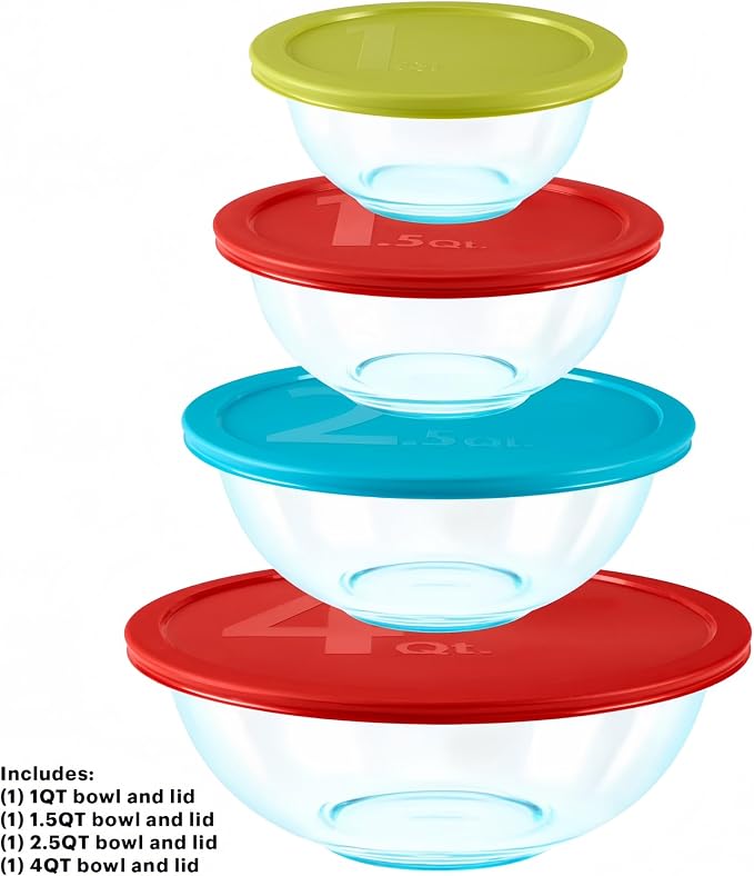 8-Piece Glass Mixing Bowl Set with Colored Lids, Nesting Food Prep Bowls, Microwave & Dishwasher Safe, Glass in Mixing Bowls