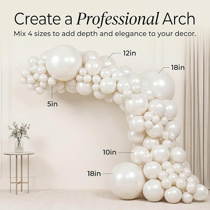 104pcs Pearl White Balloons Different Sizes Pack - 18/12/10/5 Inch Pearl Latex Balloons Garland Arch for Birthday, Wedding, Bridal Shower, Valentines Day Party Decoration