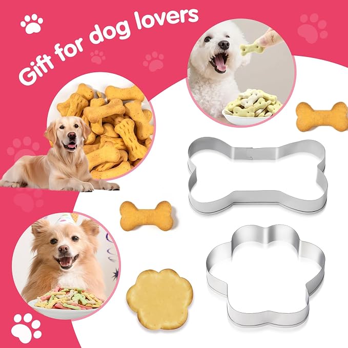 6 PCS Bone and Dog Footprints Cookie Cutters Set, 3 Sizes Stainless Steel Bone & Paw Print Shaped Cookies Cutter for Homemade Baking Theme Party Homemade Treats