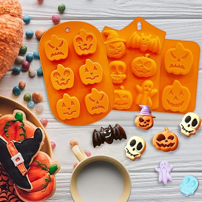 6 Cavities Silicone Cookies Biscuit Mold, Christmas Halloween Candy Mold, Reusable DIY Baking Mold Jelly Chocolate Mold, Ice Cube Tray Wax Melt Molds(Set of 2 Orange Pumpkin)