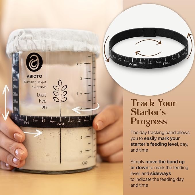 ABIOTO Sourdough Starter Jar Kit, Includes 34 oz Sourdough Starter Jar with Metallic Lid, Silicone Spatula, Feeding Tracker, Extra Thermometer Strips & Breathable Covers – Sourdough Bread Starter Kit