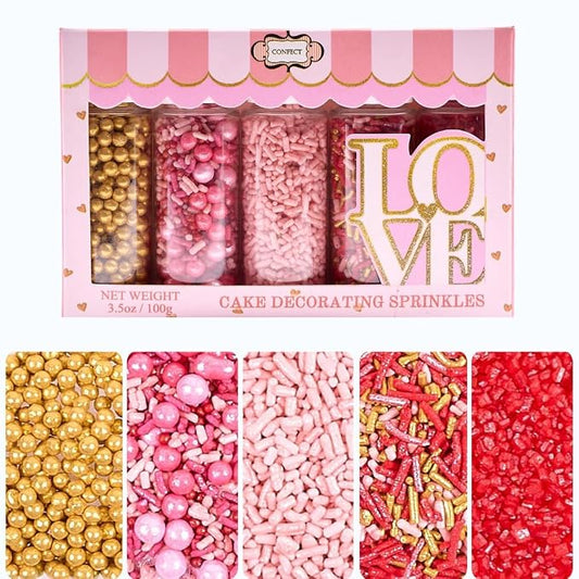 Confect Princess Dream Sprinkles – 5 Pack Assorted Cake Decorating Mix (Teal Jimmies, Pink, Red, Gold & White Pearl Dragees, Deep Red Sparkling Sugar) – Elegant Toppings for Cakes, Cupcakes, Cookies – Vegan, Gluten-Free, Nut-Free, Soy-Free, Dairy-Free,...
