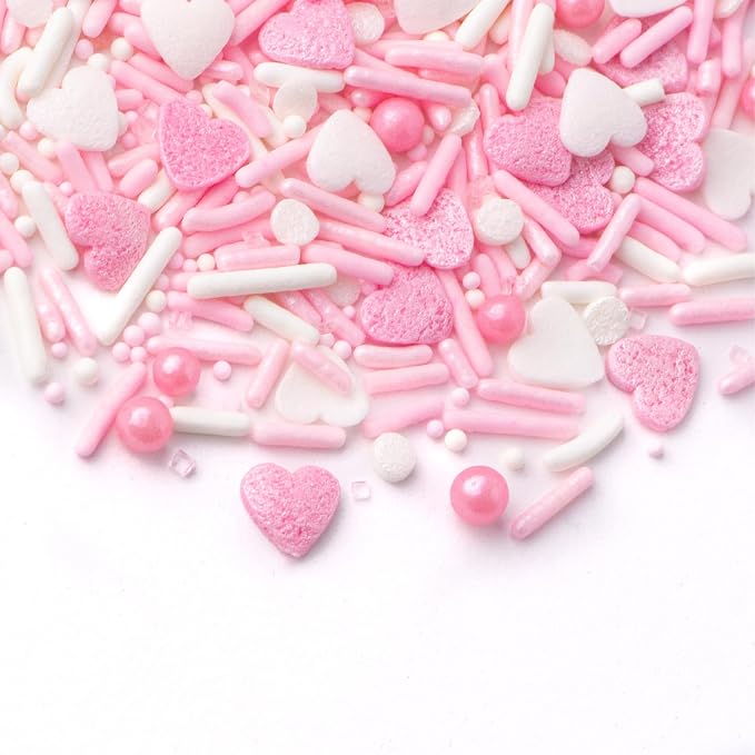Sweets Indeed Valentines Day Heart Sprinkle Mix | Pink & White Jimmies, Sugar Pearls, Confetti Quins, Nonpareils & Heart Shapes | Baking & Decorating, 4 ounces