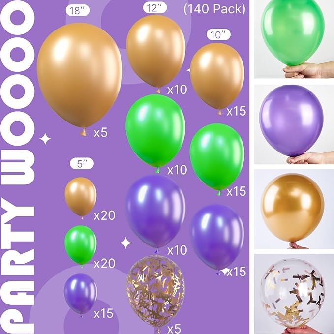 PartyWoo Purple Gold and Green Balloon Arch Kit Garland 140pcs Different Sizes of 18 12 5 Inch Pearl Purple Gold Green Confetti Balloons for Mardi Gras Carnival Masquerade Birthday Party Decorations