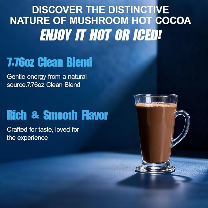 Mushroom Hot Cocoa, Cocoa Powder with Reishi Mushroom, Melatonin, Glycine, Cacao, L-Theanine, Chicory to Help Fall Asleep and Stay Asleep, 20 Servings