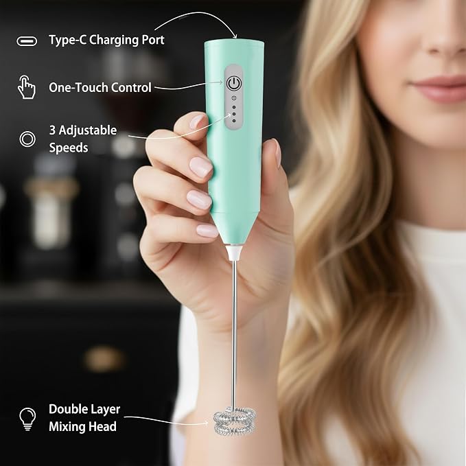 Puraville Rechargeable Electric Milk Frother Handheld, 3 Speeds Electric Whisk Drink Mixer, Type-C Charging BPA Free for Coffee, Latte, Cappuccino, Egg,Cream, Light Green