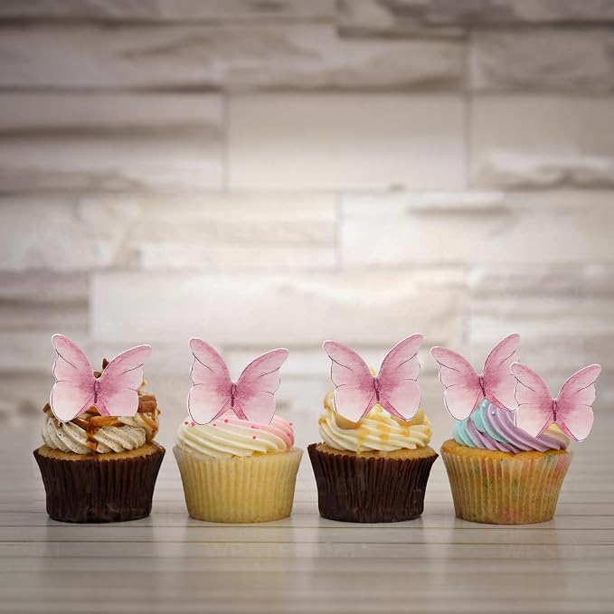 Ephlyn 48Pcs Edible 3D Butterfly Cupcake Toppers - Cute Cake Picks for Baby Shower, Bridal Shower, Birthday Party - Pink