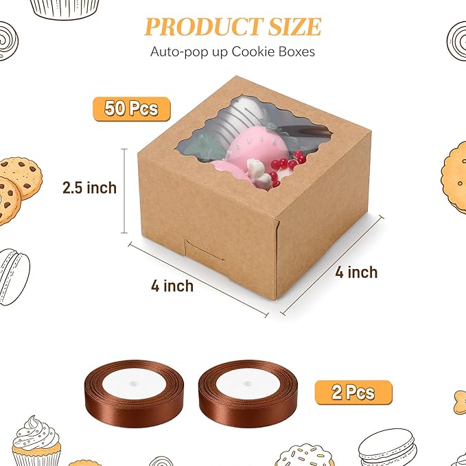 COTOPHER Auto Pop Up Cookie Box with Window 4x4x2.5 Inches – 50 Pack Brown Bakery Boxes with Ribbon for Birthday Party Favors, Wedding, Christmas Gift Packaging for Cookies, Candy, Macarons