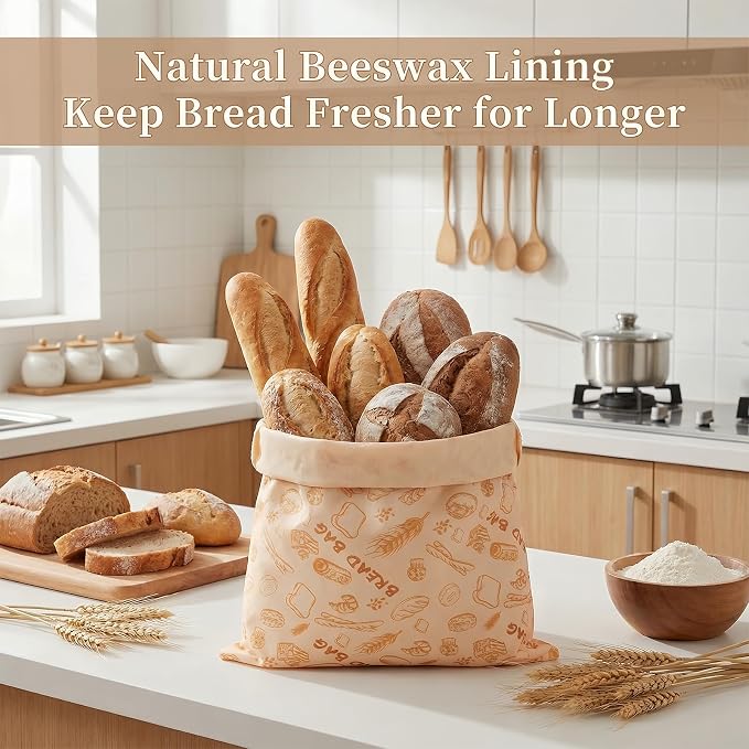 2 Pack Reusable Beeswax Bread Bags, 17x13 Inches Large Linen Sourdough Keeper, Natural Beeswax Lining, Plastic-Free Eco-Friendly Food Storage for Homemade Bread, Keep Fresh Longer