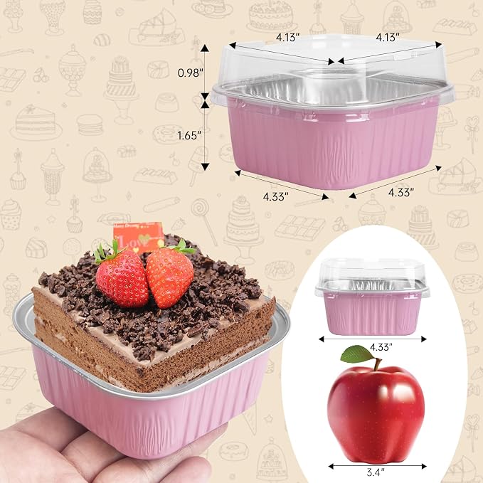 50 Pcs Mini Square Baking Cups with Lids,10oz Aluminum Foil Mini Cake Pans with Lids,Disposable Ramekins Cake Pans,300ml Dessert Cups Cupcake Pans for Wedding Birthday Party,Pink