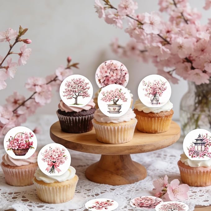 36PCS Edible Cherry Blossoms Cupcake Toppers Japan Edible Cherry Flowers Bouquet Cake Picks Wafer Paper Cherry Cupcake Decors for Cherry Theme Party Cake Supplies (Pink Cherry Blossoms)